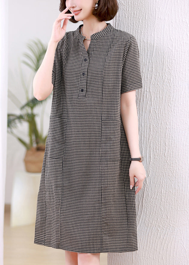Linen Collar Summer Stand Dresses Mid Plaid Grey