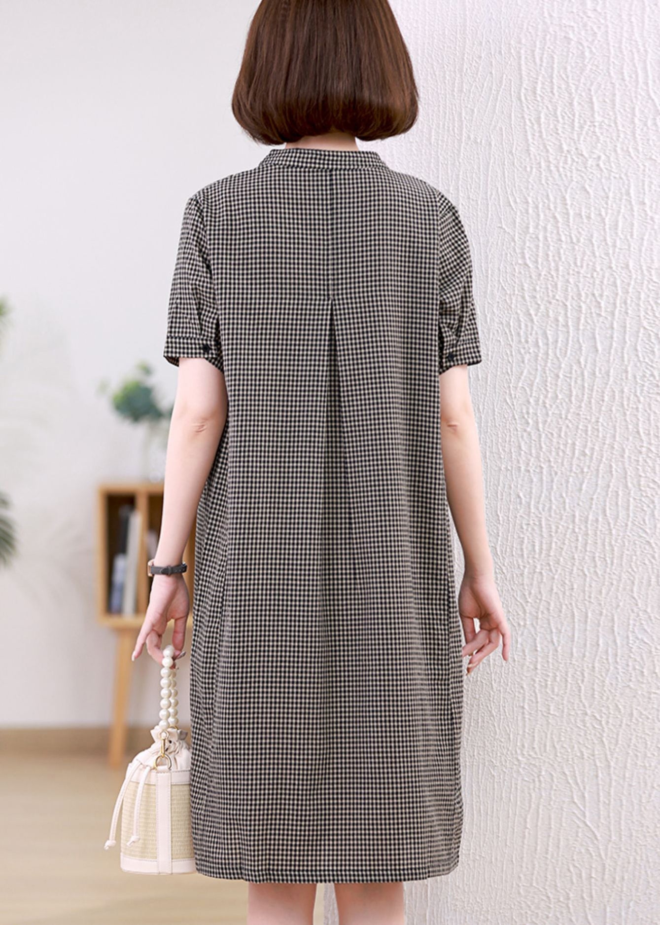 Linen Collar Summer Stand Dresses Mid Plaid Grey