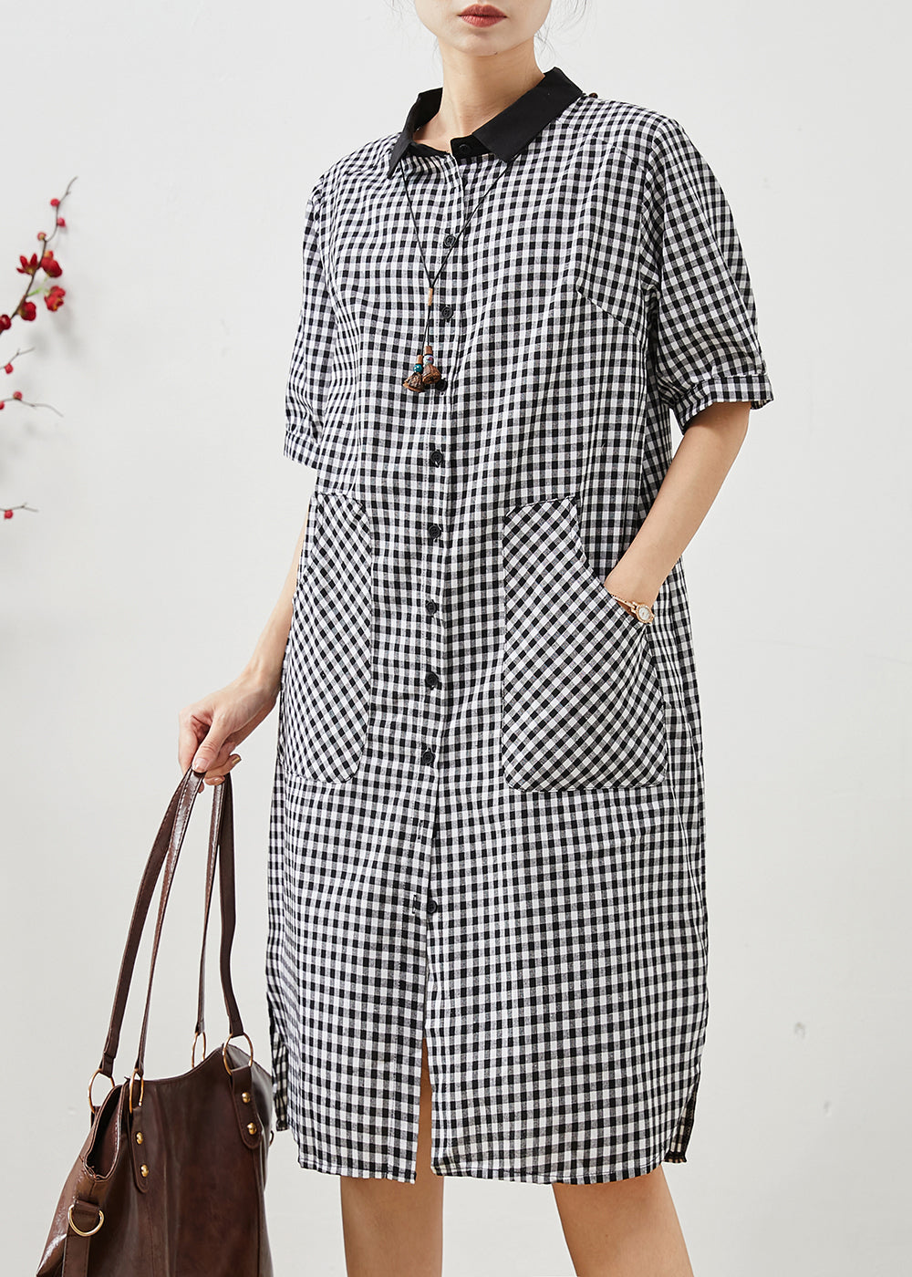 Grey Plaid Linen Shirt Dress Oversized Summer AP1070