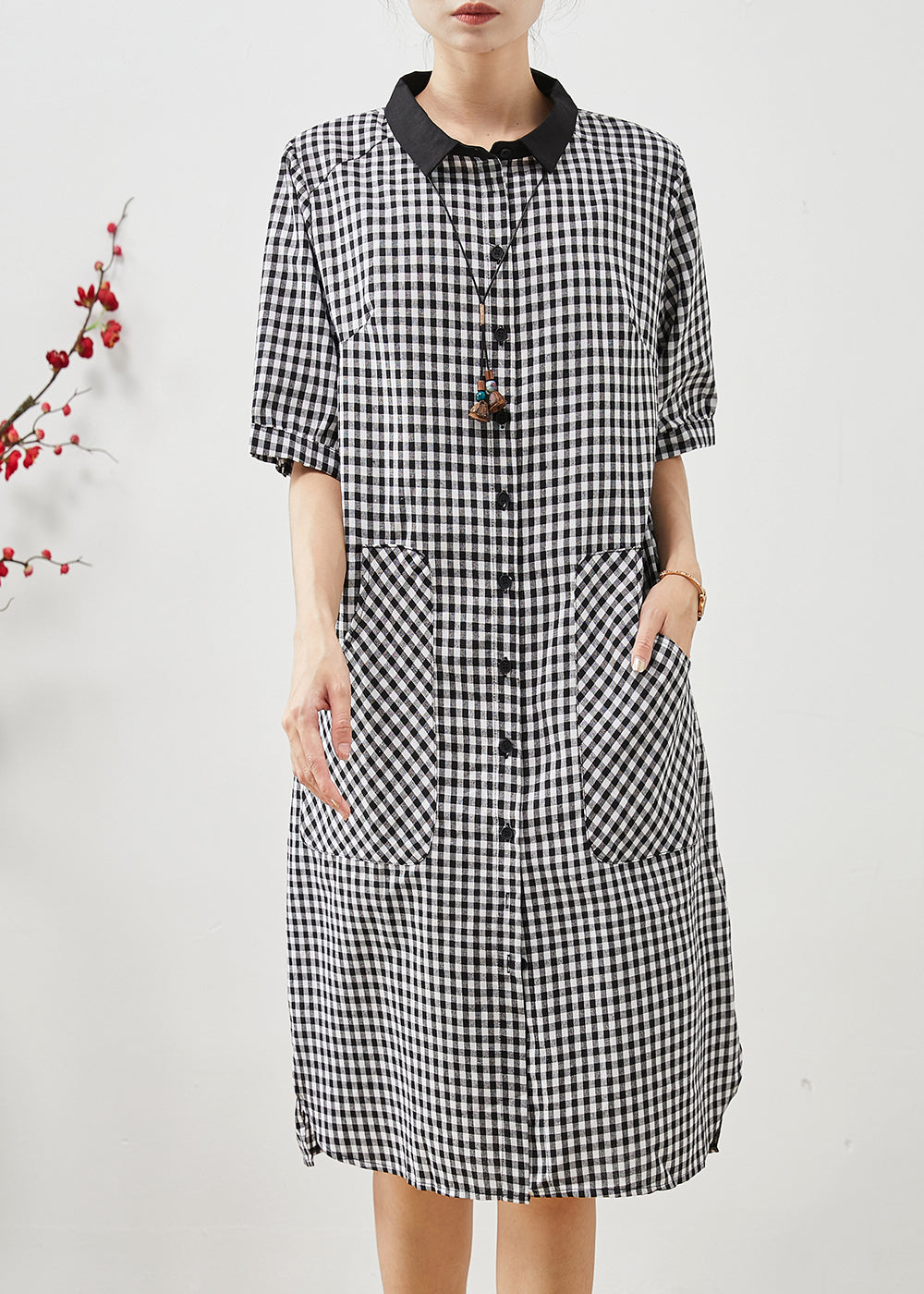 Grey Plaid Linen Shirt Dress Oversized Summer AP1070