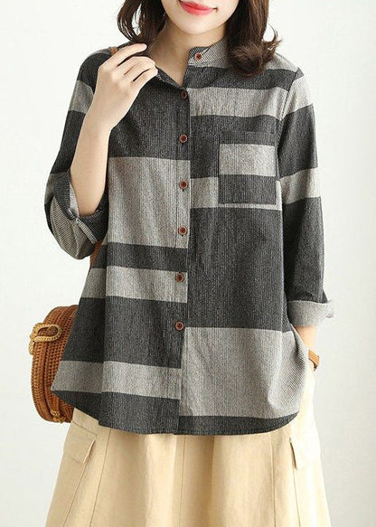 Grey Pockets Patchwork Cotton Shirt Stand Collar Spring VV087