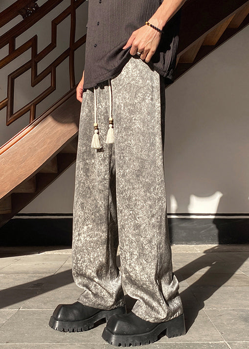 Pockets Waist Wide Elastic Leg Silk Grey Pants Mens