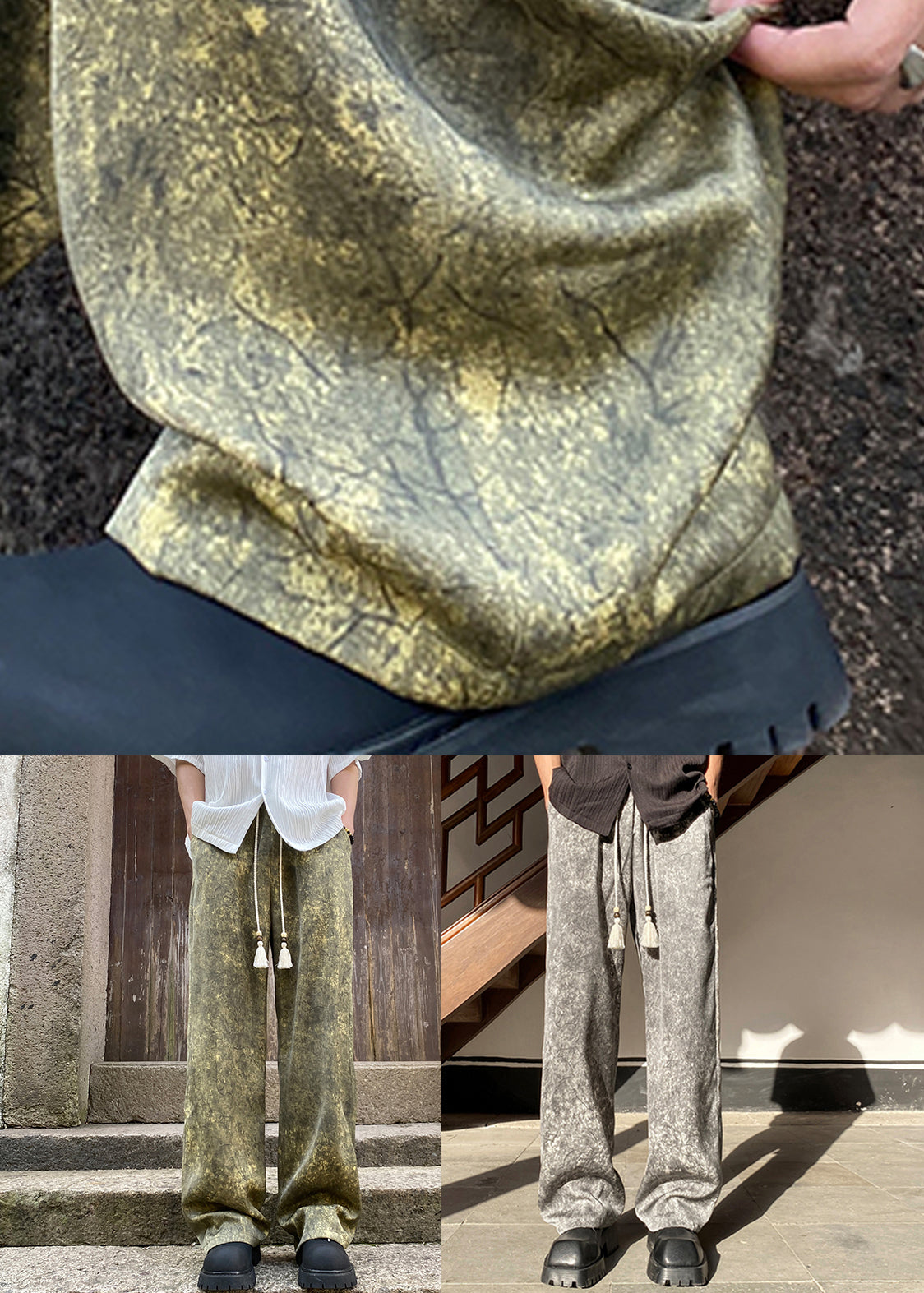 Pockets Waist Wide Elastic Leg Silk Grey Pants Mens