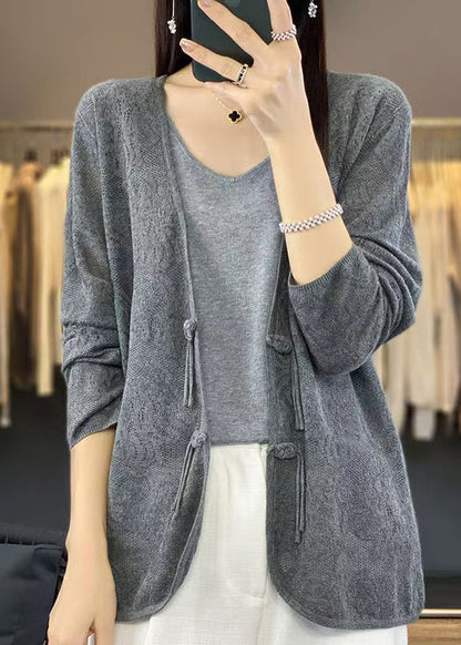 Grey Solid Cozy Knit Cardigans V Neck Long Sleeve AB1048