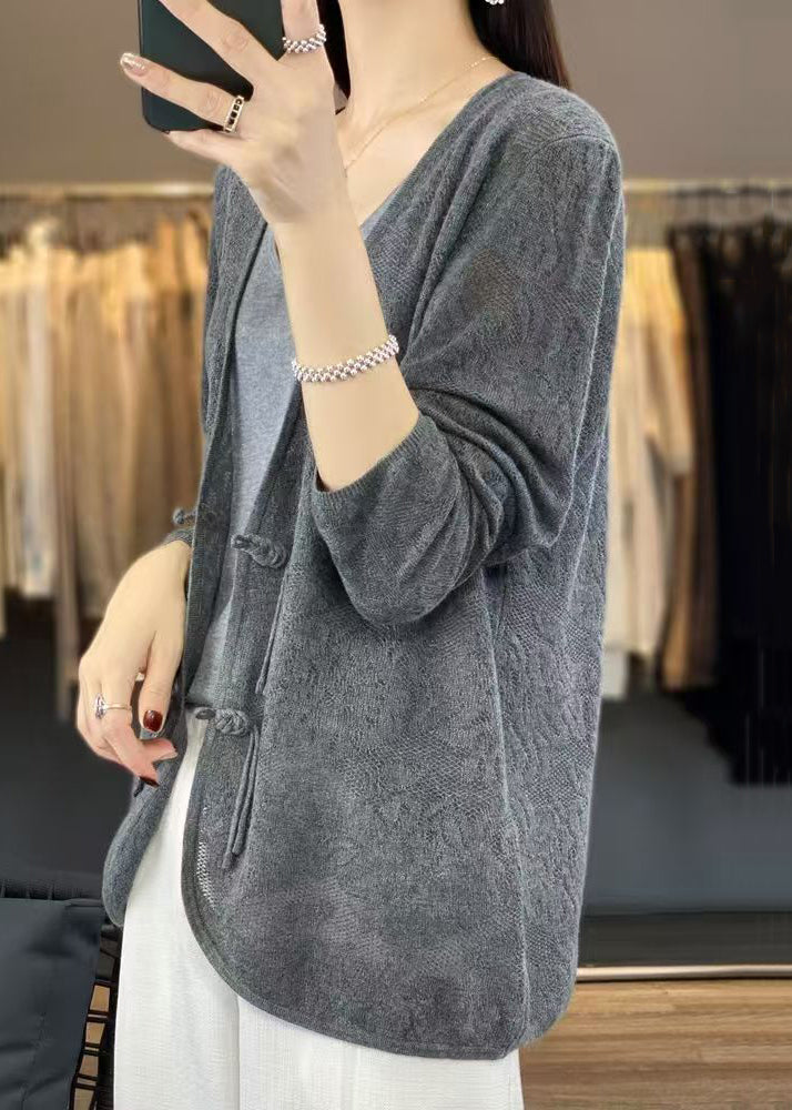 Grey Solid Cozy Knit Cardigans V Neck Long Sleeve AB1048