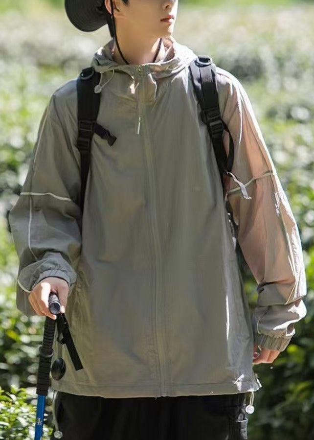 Manteau d'été gris en soie pour homme, avec capuche et poches zippées, protection solaire UPF 50+