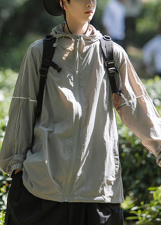 Manteau d'été gris en soie pour homme, avec capuche et poches zippées, protection solaire UPF 50+