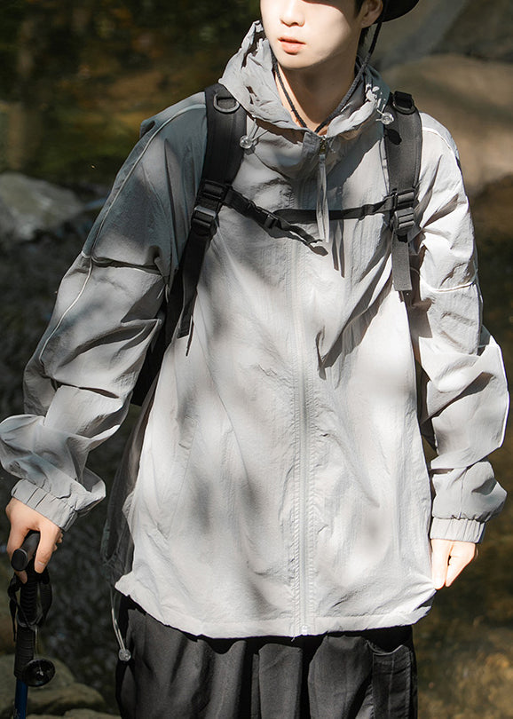 Manteau d'été gris en soie pour homme, avec capuche et poches zippées, protection solaire UPF 50+