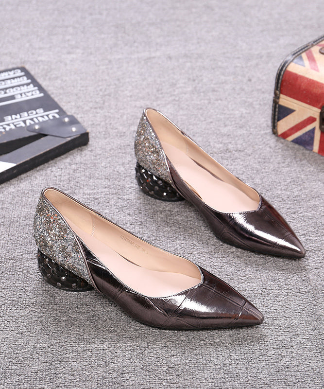 Gun Color Cowhide Leather Zircon Chunky Heels Splicing Pointed Toe QK047