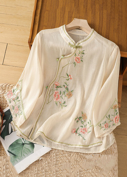 Handmade Apricot Embroidered Button Cotton Shirt Long Sleeve JH048