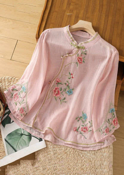 Handmade Apricot Embroidered Button Cotton Shirt Long Sleeve JH048