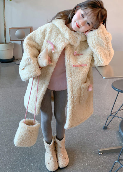 Handmade Apricot Patchwork Pockets Kids Faux Fur Hooded Coat Winter WL022