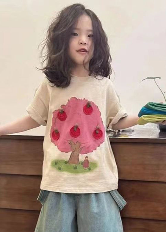 Handmade Apricot Print Girls Top Short Sleeve YU1067