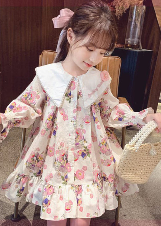 Robe mi-longue à manches longues pour fille avec imprimé abricot et perles à ongles SS1044