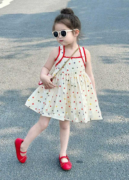 Handmade Beige Dot Patchwork Girls Mid Dresses Summer EW007