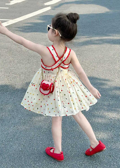 Handmade Beige Dot Patchwork Girls Mid Dresses Summer EW007