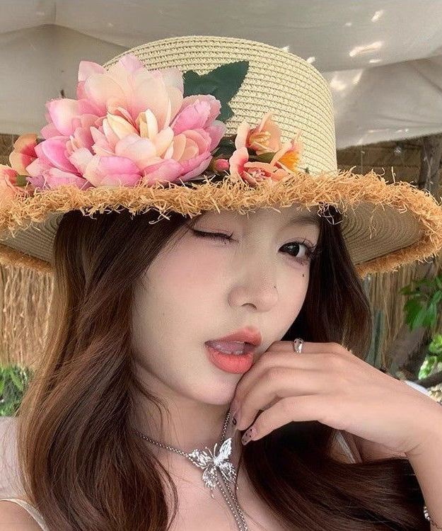 Woven Hat Straw Beige Handmade Cloche French Flower