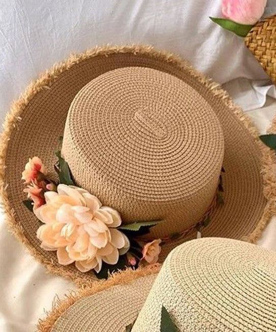 Woven Hat Straw Beige Handmade Cloche French Flower