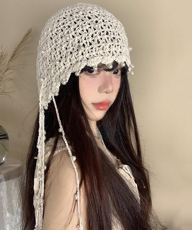 Handmade Beige Tassel Bead Hollow Out Knit Bonnie Hat WI019