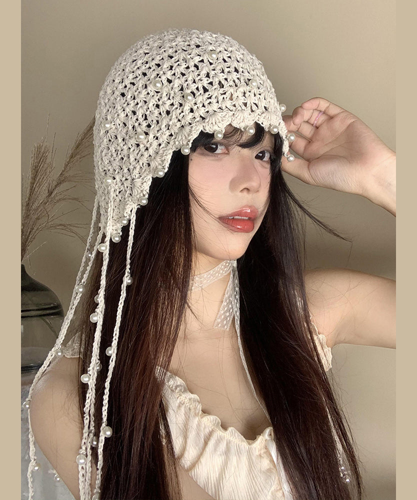 Handmade Beige Tassel Bead Hollow Out Knit Bonnie Hat WI019