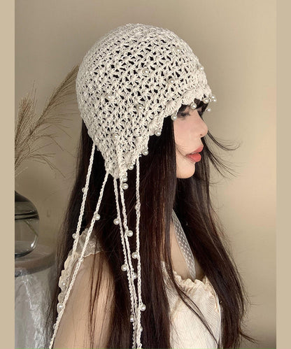 Handmade Beige Tassel Bead Hollow Out Knit Bonnie Hat WI019