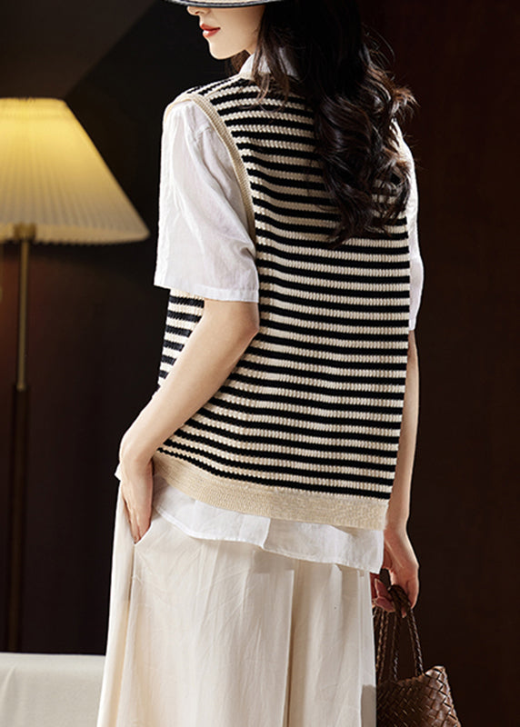 Handmade Beige V Neck Striped Knit Vest Summer WW033