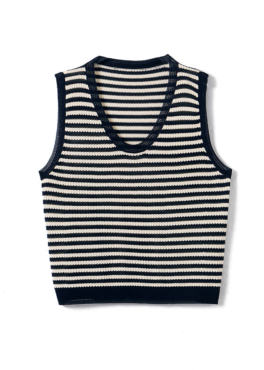 Handmade Beige V Neck Striped Knit Vest Summer WW033