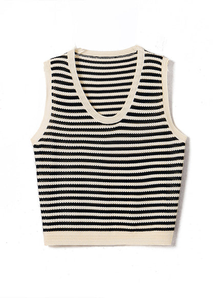 Handmade Beige V Neck Striped Knit Vest Summer WW033