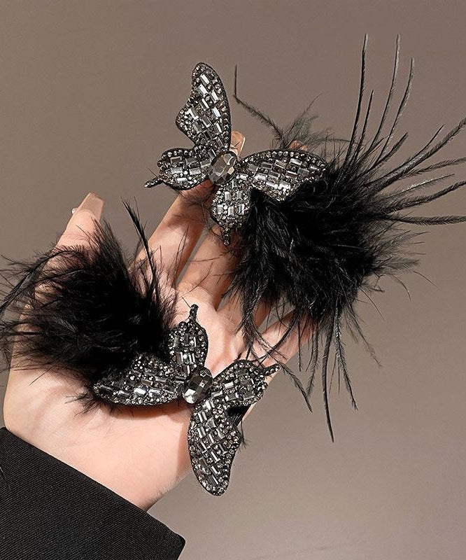 Hairpin Feathers Zircon Handmade Black Butterfly Alloy
