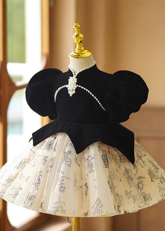 Robe longue noire en tulle patchwork à fleurs pour fille, courte, faite à la main