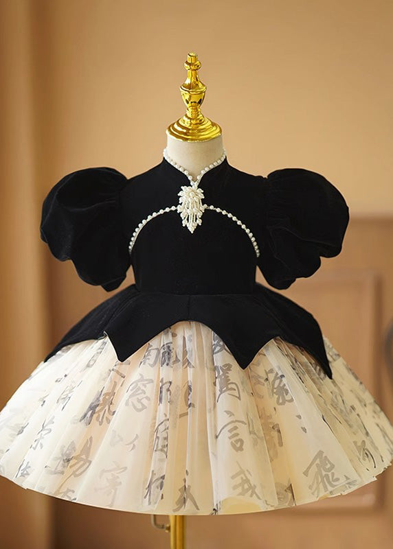 Robe longue noire en tulle patchwork à fleurs pour fille, courte, faite à la main