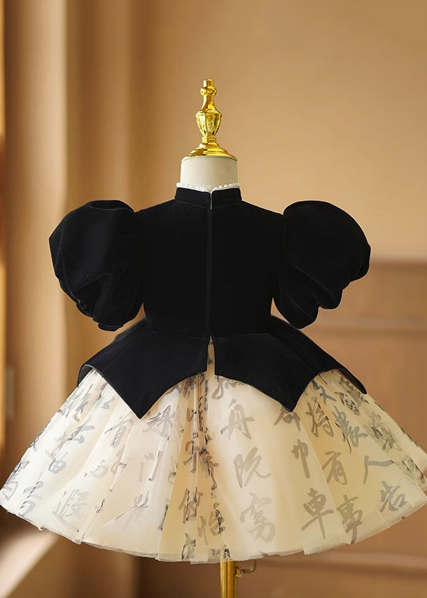 Robe longue noire en tulle patchwork à fleurs pour fille, courte, faite à la main