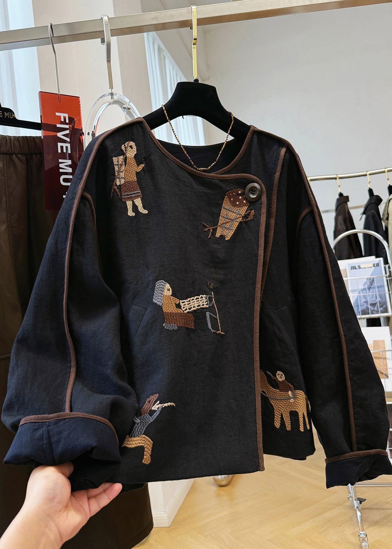 Black Fall O Neck Coat Handmade Linen Patchwork Embroidered