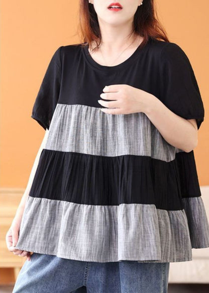 Handmade Black O-Neck Wrinkled Patchwork Top Short Sleeve TR013