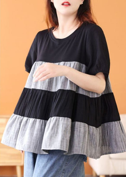 Handmade Black O-Neck Wrinkled Patchwork Top Short Sleeve TR013