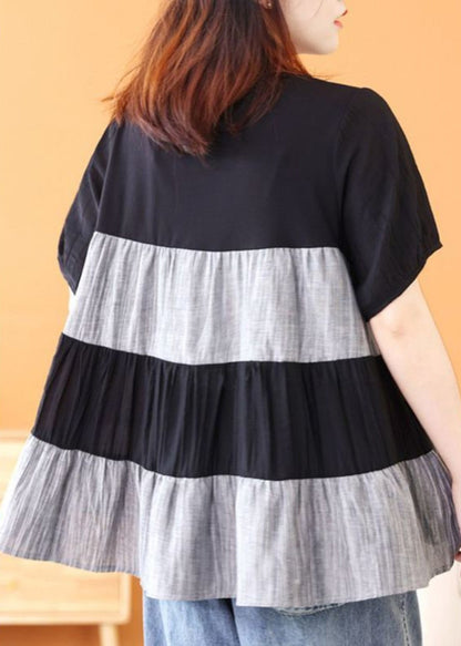 Handmade Black O-Neck Wrinkled Patchwork Top Short Sleeve TR013