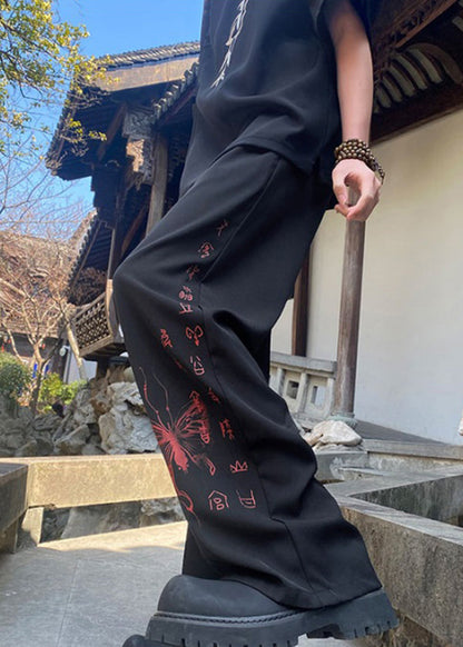 Handmade Black Pockets Print Ice Silk Mens Pants Summer YT039