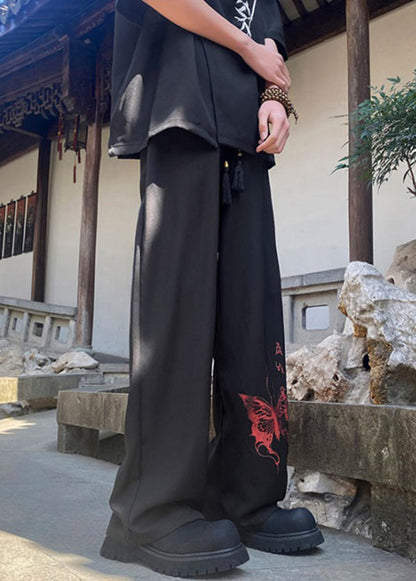 Handmade Black Pockets Print Ice Silk Mens Pants Summer YT039