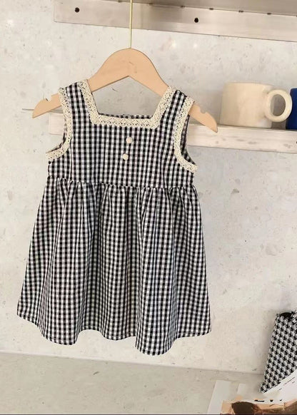 Handmade Black Square Collar Plaid Lace Patchwork Cotton Kids Mid Dress Sleeveless GF020