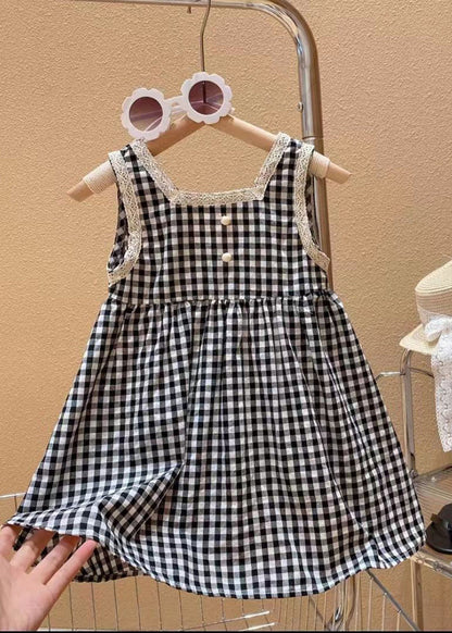 Handmade Black Square Collar Plaid Lace Patchwork Cotton Kids Mid Dress Sleeveless GF020