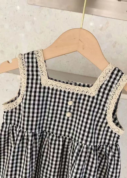 Handmade Black Square Collar Plaid Lace Patchwork Cotton Kids Mid Dress Sleeveless GF020