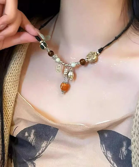 Handmade Ceramics Weave Pendant Beads Necklace Alloy Black