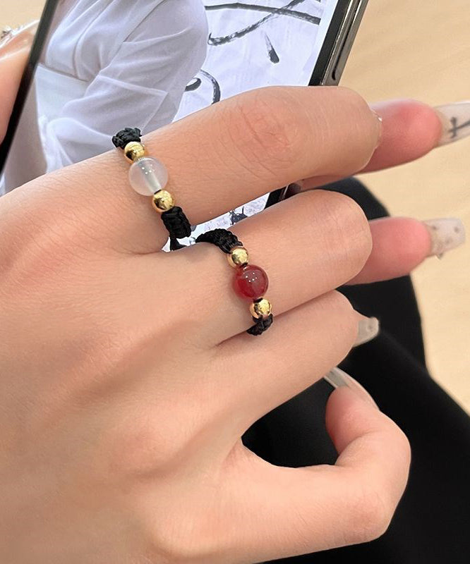 Rings Agate Three-Piece Black Handmade Weave Coin Copper Crystal