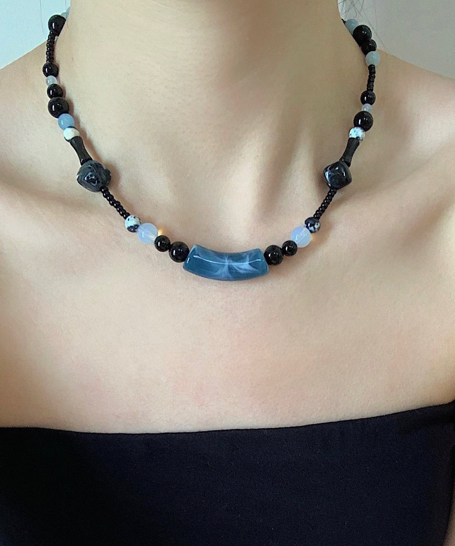 Collier de perles graduées en bambou bleu fait main GH1003