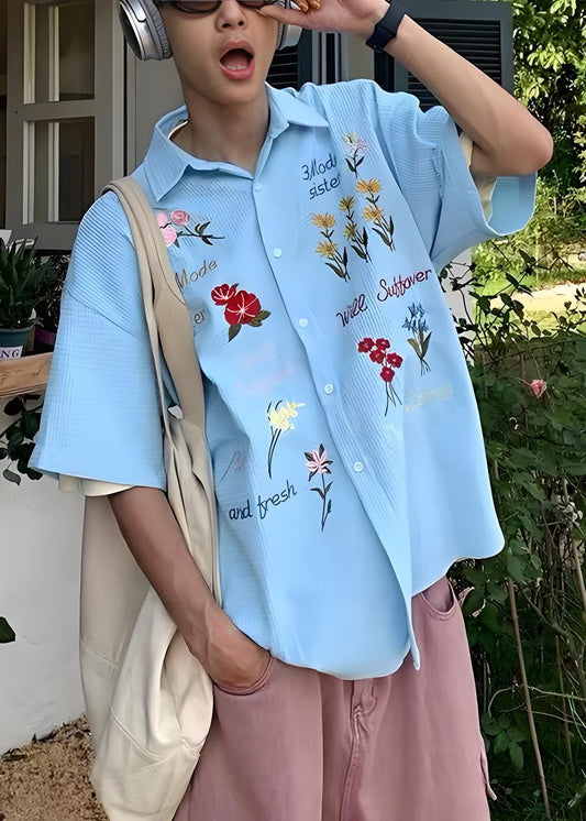 Chemise bleue à carreaux pour homme, brodée à la main en coton, pour l'été