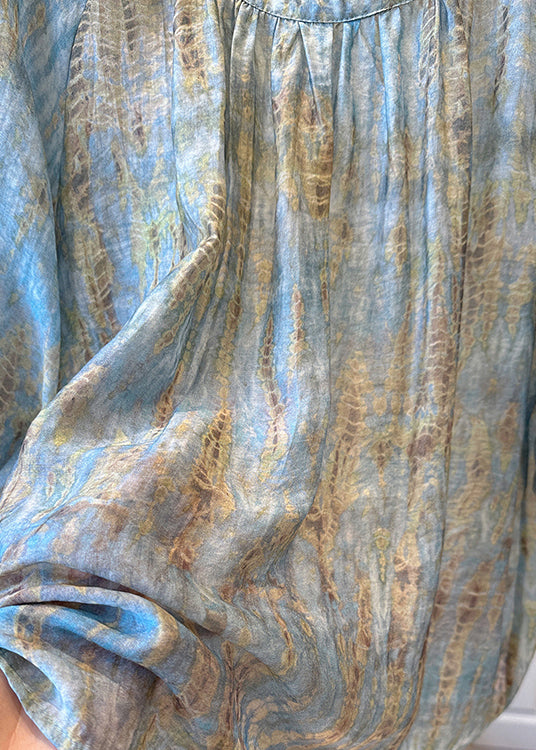 Bracelet cravate fait main col haut O Dye bleu manches mousseline