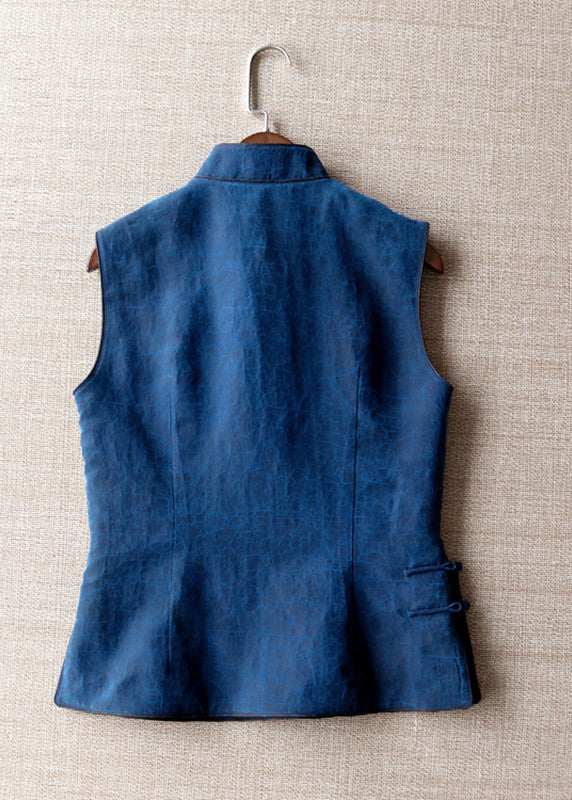 Handmade Blue Stand Collar Patchwork Button Silk Vest Summer QB025