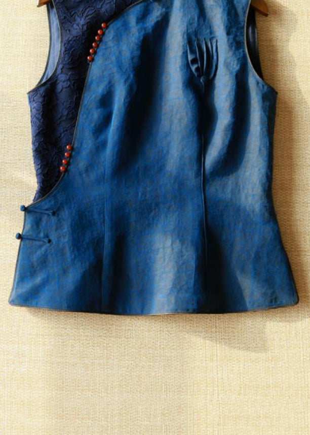 Handmade Blue Stand Collar Patchwork Button Silk Vest Summer QB025