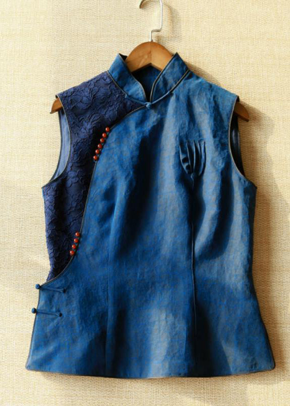 Handmade Blue Stand Collar Patchwork Button Silk Vest Summer QB025