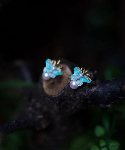 Handmade Blue Sterling Silver Overgild Pearl Enamel Butterfly Drop Earrings WQ008